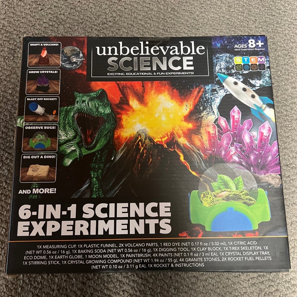 Unbelievable Science 6-in-1 Experiments STEM Kit Ages 8+ Volcano Crystal Rocket